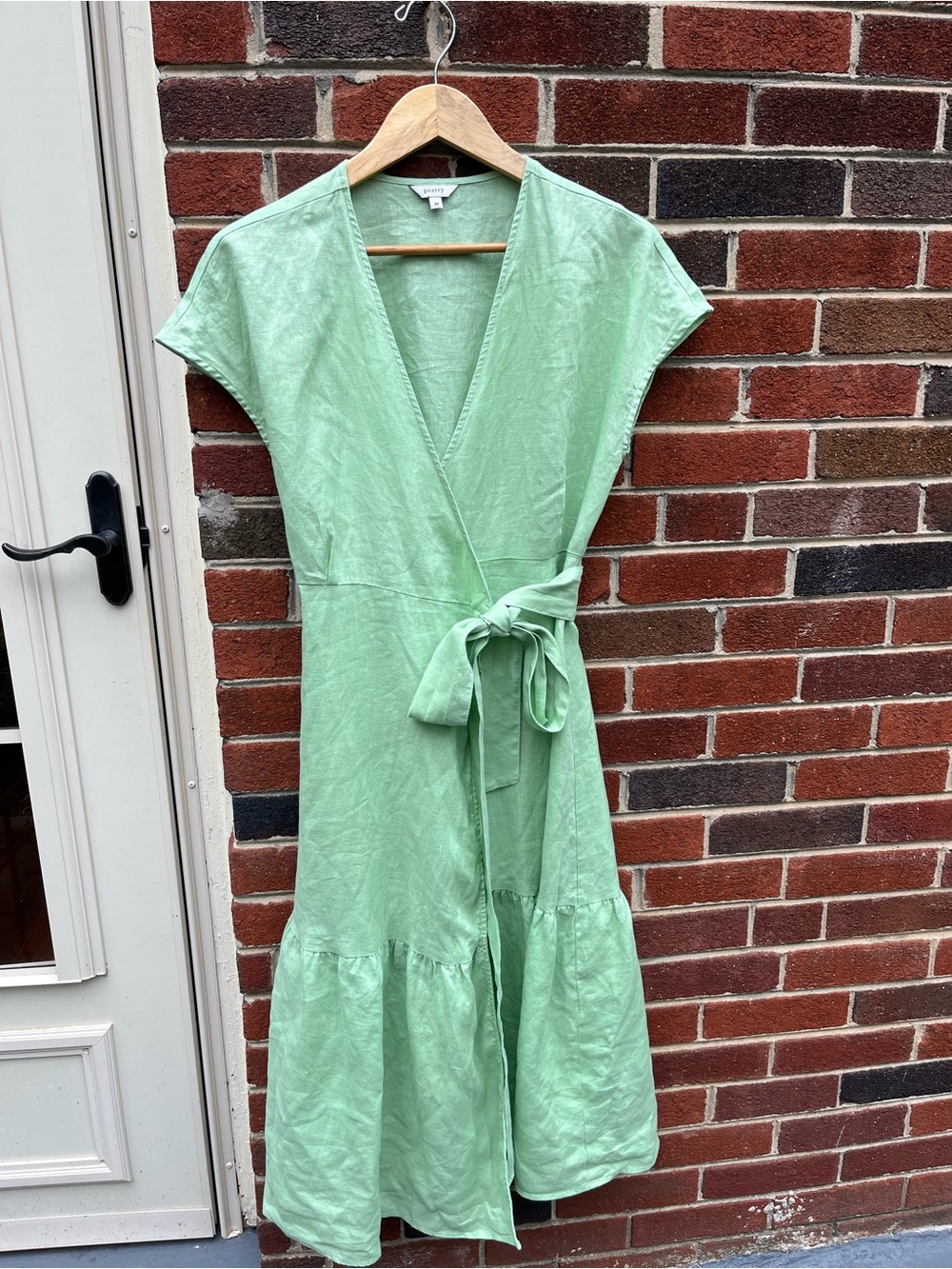 Light Green 100% Linen Wrap Midi Dress with Tie Waist
